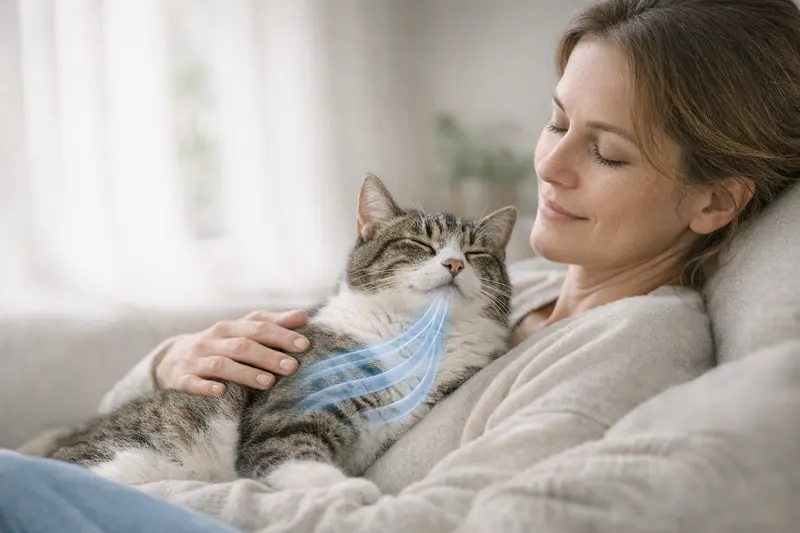 Eine entspannte Katze liegt in einem ruhigen Raum und atmet gelassen.