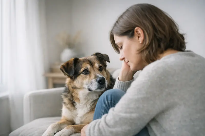 Ein vertrauensvoller Hund sitzt neben seinem Halter, während sie gemeinsam einen ruhigen Moment im Alltag genießen.