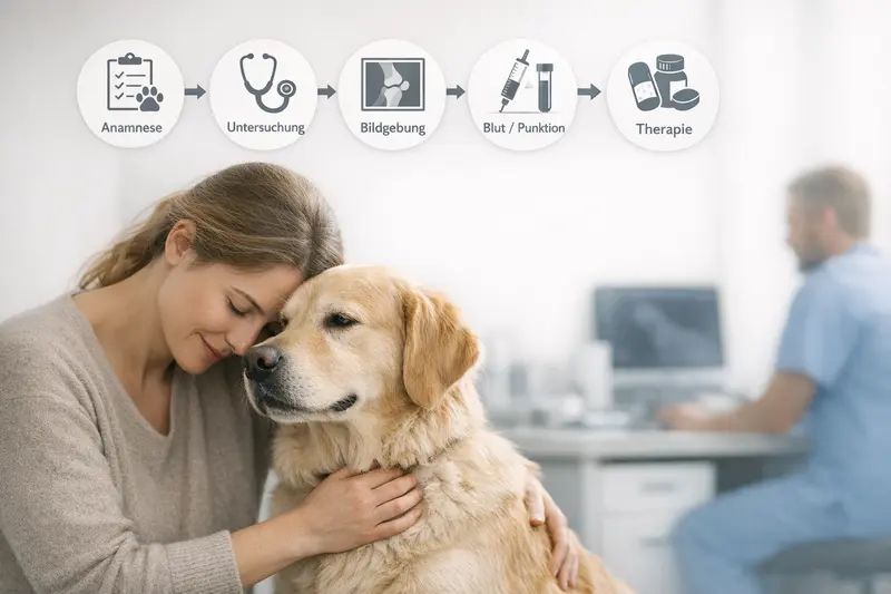 Eine anschauliche Illustration des Diagnostikpfades bei Gelenkschmerzen für Hunde, inklusive Anamnese, Untersuchung, Bildgebung, Blut/Punktion und Therapie.
