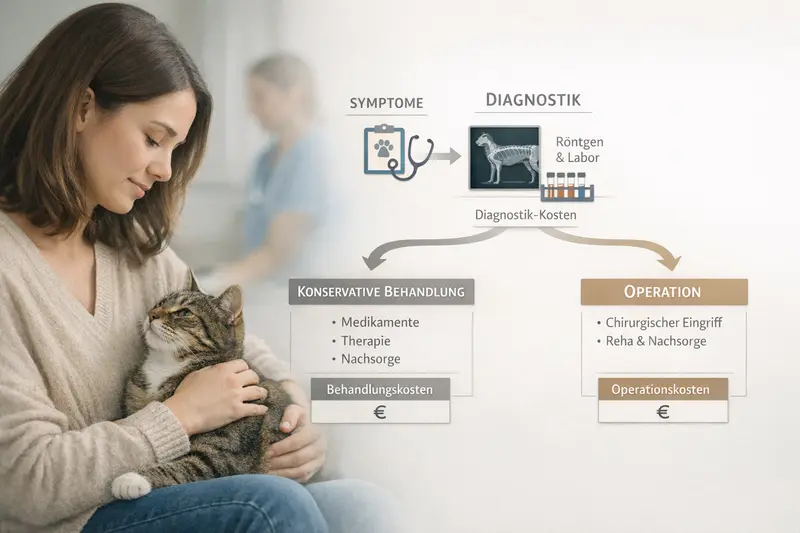 Illustration eines Entscheidungs-Flows für die Diagnostik und Behandlung von Symptomen bei Katzen.