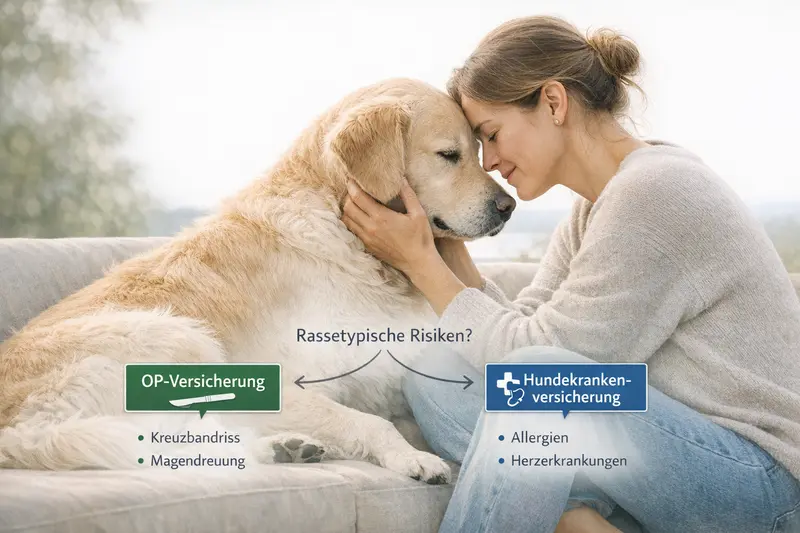 Illustration eines Entscheidungspfades für Hundebesitzer zwischen OP-Versicherung und Hundekrankenversicherung unter Berücksichtigung rassetypischer Risiken.