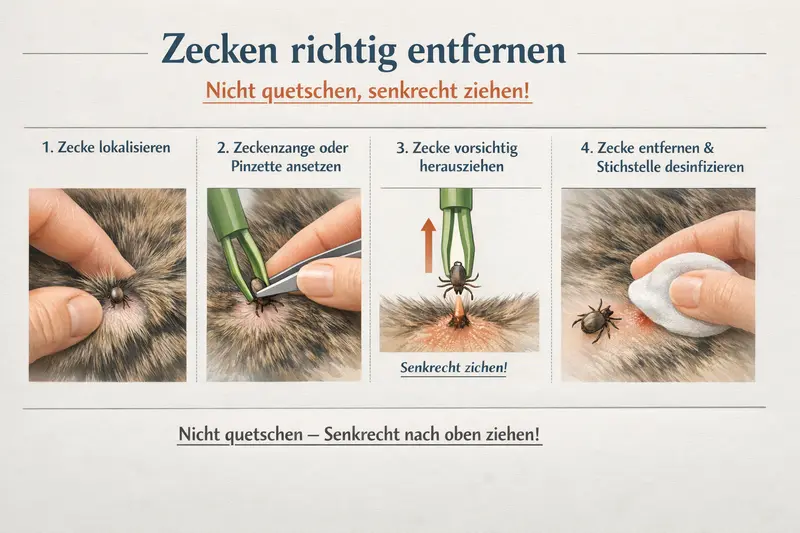 Eine Illustration zeigt die richtige Schrittfolge zur Zeckenentfernung bei Katzen mit einer Zeckenzange.