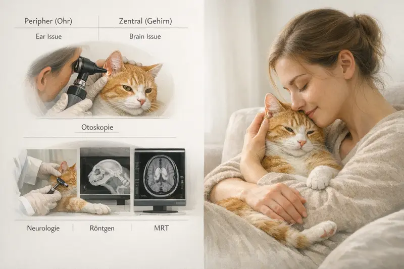 Illustration, die den Unterschied zwischen peripheren und zentralen Diagnostikschritten bei Katzen veranschaulicht.