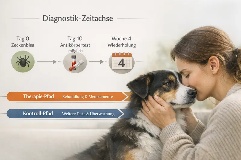 Infografik zur Diagnostik-Zeitachse bei Zeckenbissen bei Hunden, zeigt wichtige Zeitpunkte und Therapiewege auf.