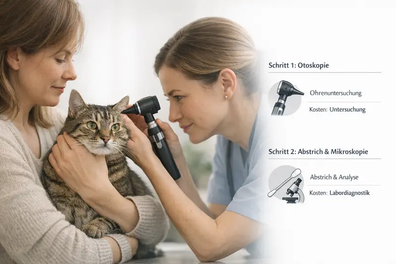 Die Illustration eines diagnostischen Ablaufs bei einer Katze, einschließlich Otoskopie und mikroskopischer Untersuchung.