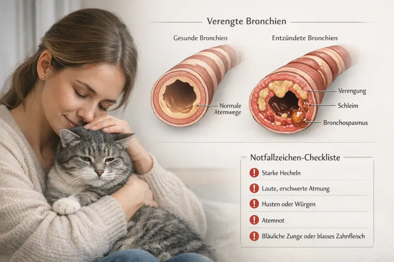 Eine Infografik über Atemwegserkrankungen bei Katzen mit Darstellung der Bronchienverengung und einer Notfallzeichen-Checkliste.