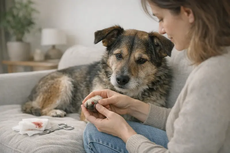 Infografik zeigt Entscheidungsbaum für Hundezubehör zwischen häuslicher Versorgung, Tierarztbesuch und Notdienst.