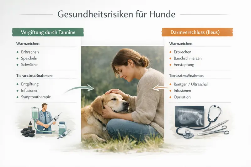 Infografik zeigt die Warnzeichen von Tanninvergiftung und Darmverschluss bei Hunden.