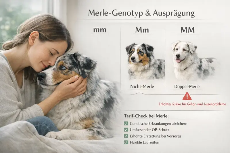 Infografik zu den Genotypen mm, Mm und MM bei Hunden mit Fokus auf Merle-Ausprägung und erhöhtem Gesundheitsrisiko.