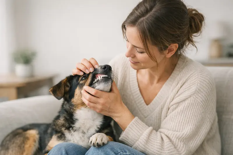 Infografik über den Unterschied zwischen Milchzähnen und bleibenden Zähnen bei Hunden.