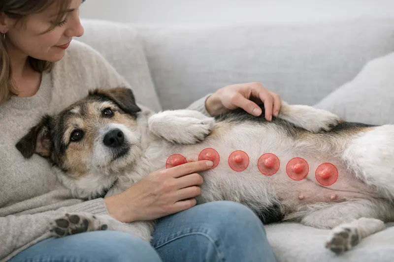 Anatomische Darstellung der Milchleisten und Knotenbereiche bei Hunden.