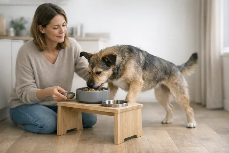 Ein Hund in einer erhöhten Fütterungsposition, um die Verdauung zu unterstützen.