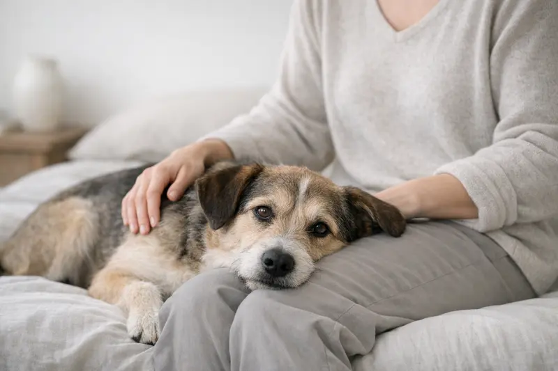 Ein gesunder Hund in einer neutralen Umgebung, der Vertrauen und Freude ausstrahlt.
