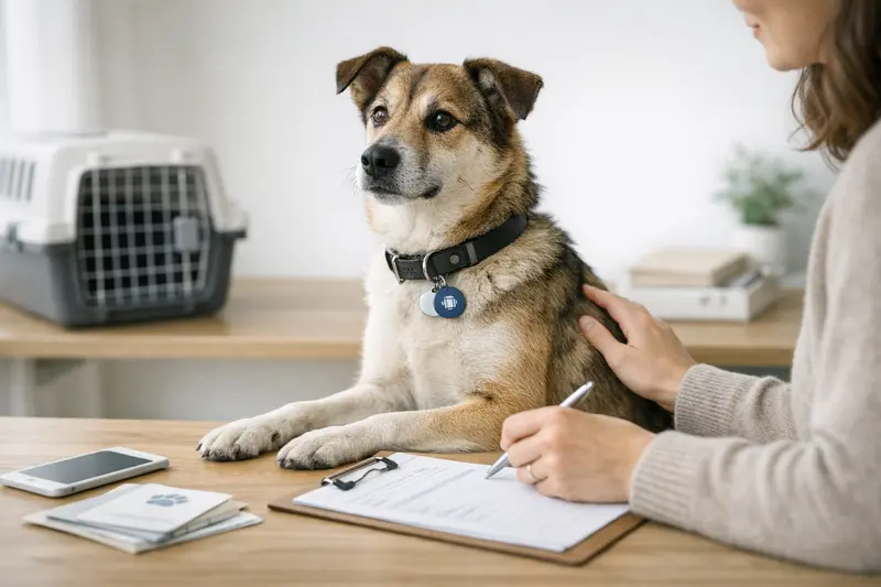 Ein Hund mit einem Halsband, das das Thema Registrierung und Gesundheit symbolisiert.