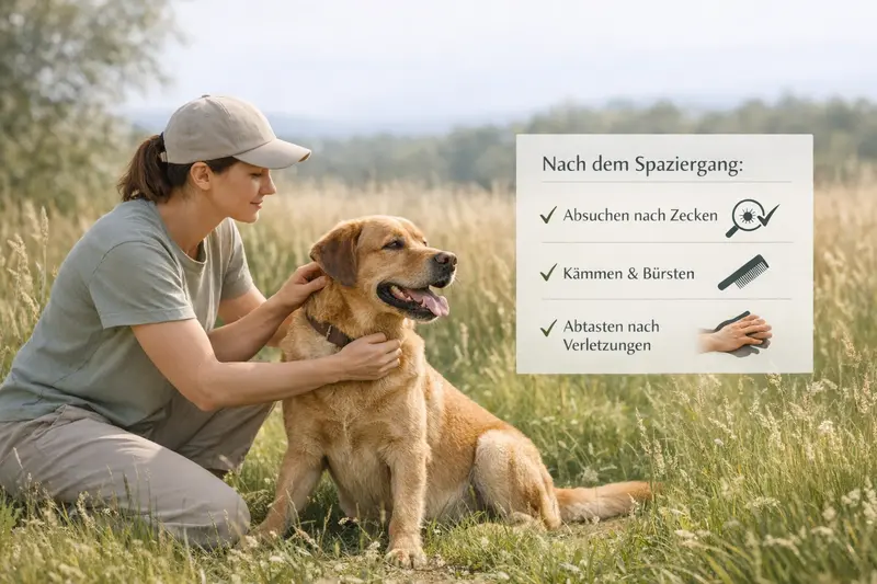 Hundehalter durchsucht das Fell seines Hundes nach dem Spaziergang auf einer Sommerwiese.