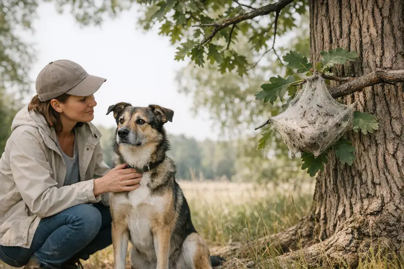 Ein Hund spielt unter einem Eichenbaum, während Gespinstnester sichtbar sind, die auf potenzielle Gesundheitsrisiken hinweisen.