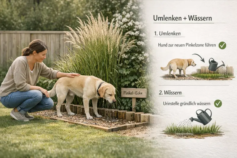 Schema-Grafik einer alternativen Pinkelzone am Gartenrand mit Pflanzen und Holz sowie einer Mini-Checkliste.