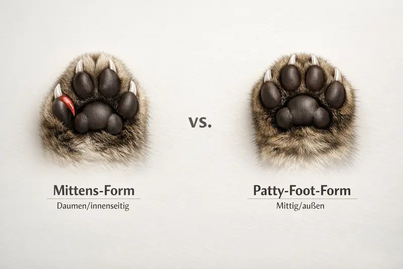 Schema-Grafik der Mittens-Form und Patty-Foot-Form von Katzenkrallen mit Fokus auf die Position der Krallen.