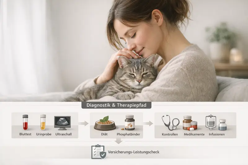 Schema-Grafik zur Diagnose und Therapie von Katzen mit Blutuntersuchung, Urinanalysen und Ultraschall für den Versicherungs-Leistungscheck.