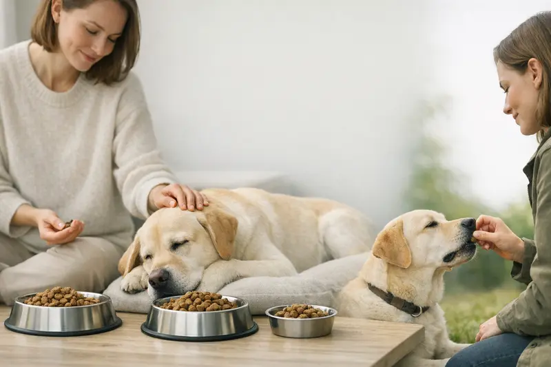 Ein Hund frisst seine Tagesration, aufgeteilt in mehrere Portionen.