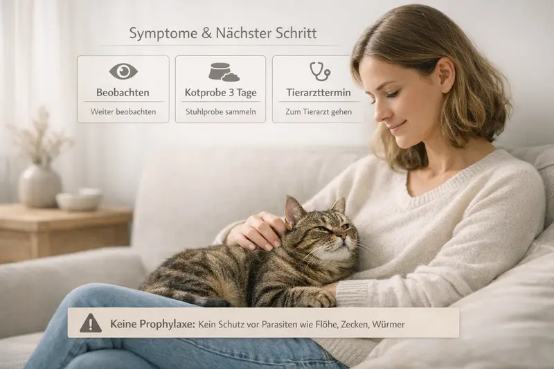 Eine Katze zeigt Symptome, die auf einen Gesundheitszustand hinweisen, mit Handlungsempfehlungen zur Beobachtung und zum Tierarztbesuch.