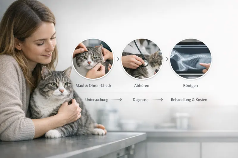 Schematische Darstellung der tierärztlichen Abklärung bei einer Katze mit Maul- und Ohrenuntersuchung sowie Abhören und Röntgen.