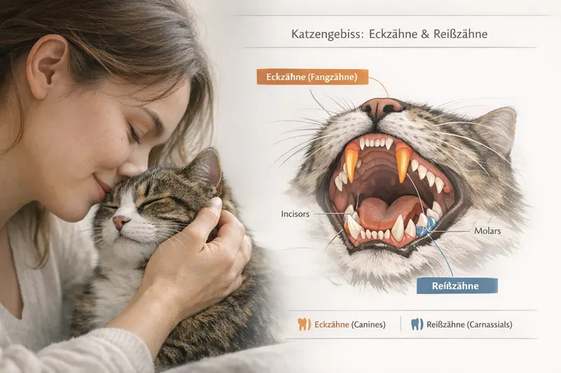 Schematische Darstellung des Katzengebisses mit farblichen Markierungen für Eckzähne und Reißzähne.