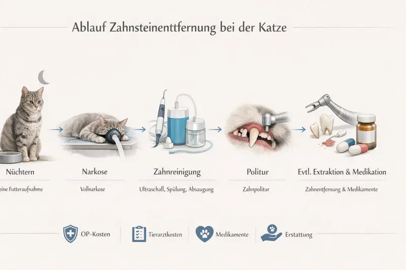 Schematische Infografik zum Ablauf der Zahnsteinentfernung bei Katzen mit Narkose und Ultraschall.