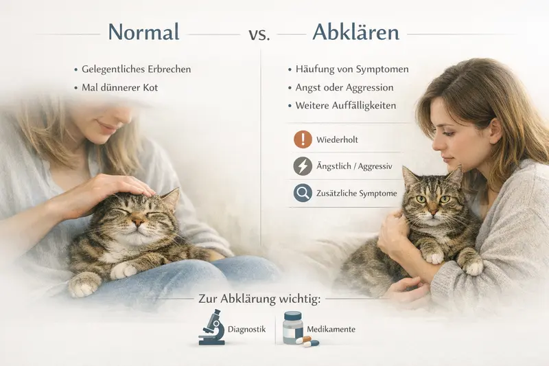 Infografik zur Unterscheidung zwischen normalen Verhaltensweisen und auffälligen Symptomen bei Katzen.