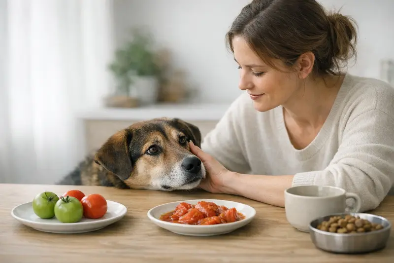 Vergleich zwischen einer reifen und unreifen Tomate, passend zu einem Risiko-Check für Hundeernährung.