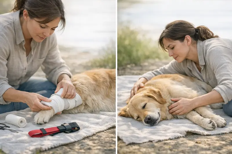 Der Hund liegt in stabiler Seitenlage, während ein Druckverband am Vorderbein angelegt wird.