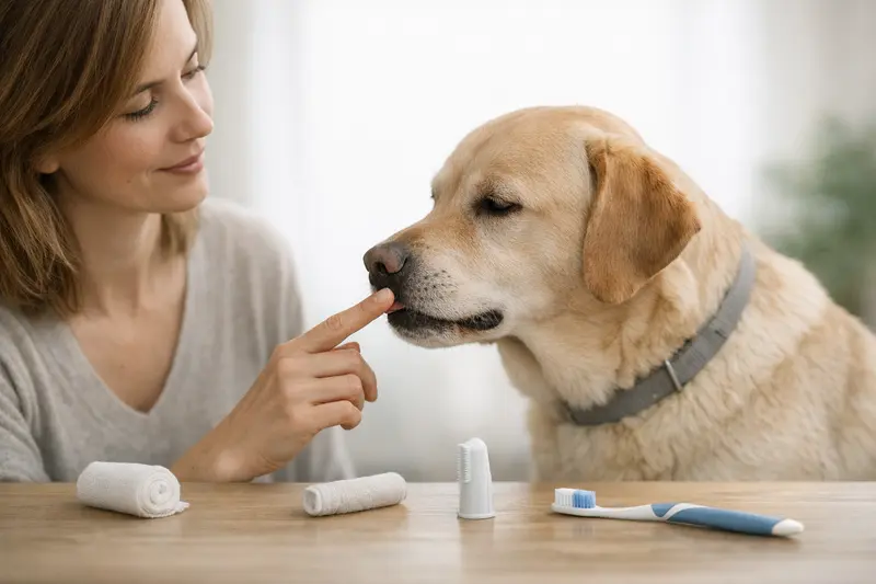 Ein Hund gewöhnt sich an die Zahnpflege mit einer Fingerzahnbürste und Zahnbürste.