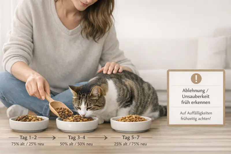 Eine Katze wird schrittweise auf neue Nahrung umgestellt, einschließlich einer Hinweisbox zur frühzeitigen Erkennung von Ablehnung oder Unsauberkeit.