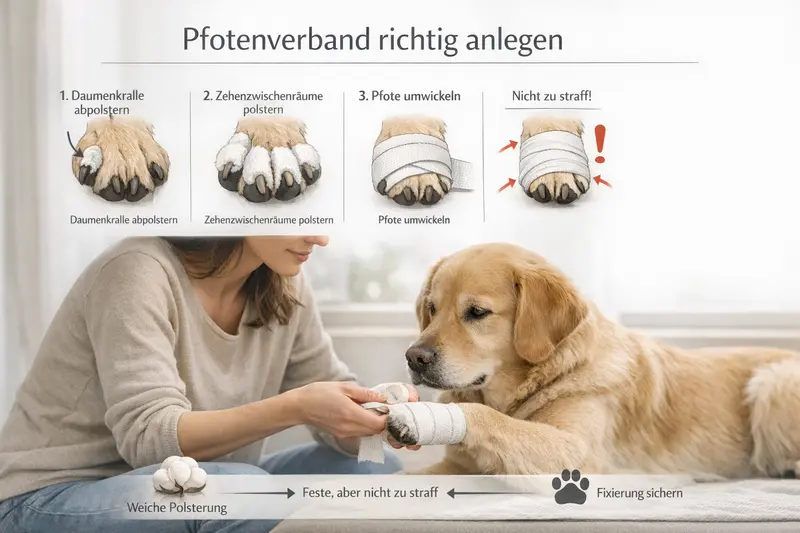 Eine Schrittgrafik, die zeigt, wie ein Verband korrekt an einer Hundepfote angelegt wird.