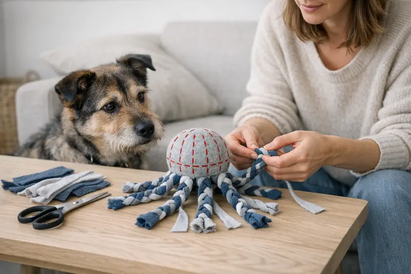 Visualisierung der DIY-Anleitung für einen Ball-Oktopus mit markierten Einschnitten und geflochtenen Armen.