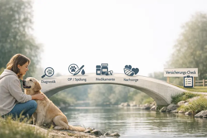 Visualisierung der Behandlungskette für Hunde von Diagnostik bis Nachsorge zur Unterstützung von Hundebesitzern bei der Tiergesundheit.