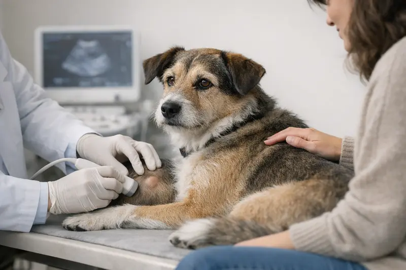 Ein Hund wird tierärztlich untersucht, um eine Beule abklären zu lassen.