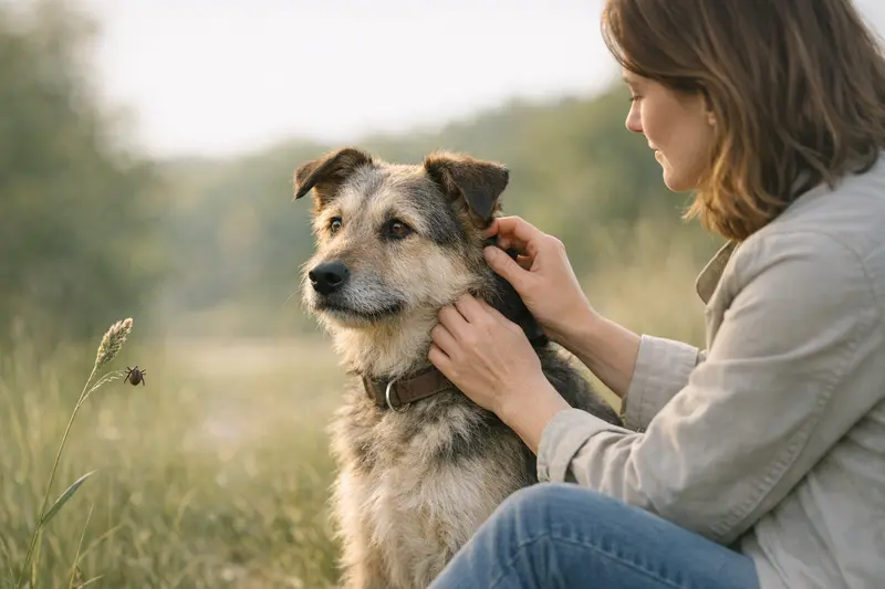 Ein gesunder Hund spielt glücklich im Freien und ist leicht geschützt vor Zeckenrisiken.