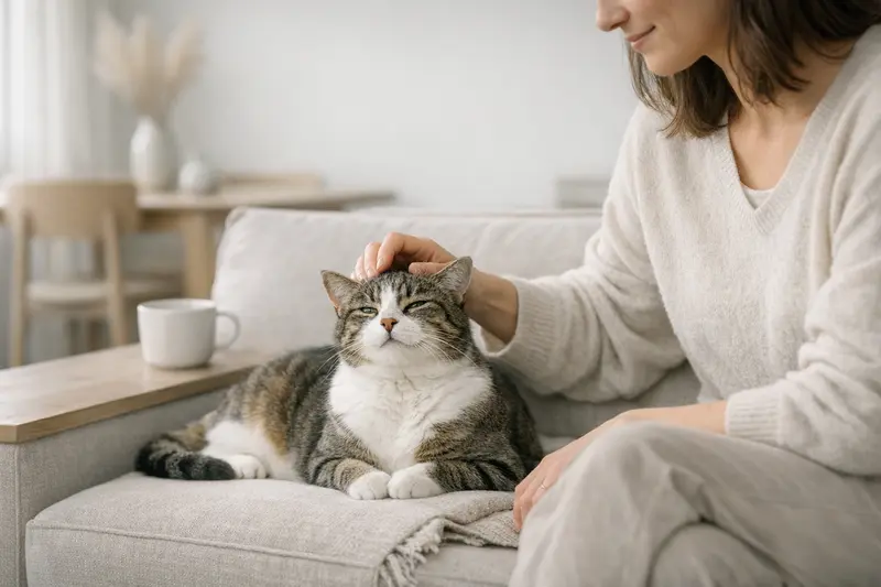 Eine entspannte Katze sitzt in einem sauberen Wohnraum und genießt die häusliche Atmosphäre.