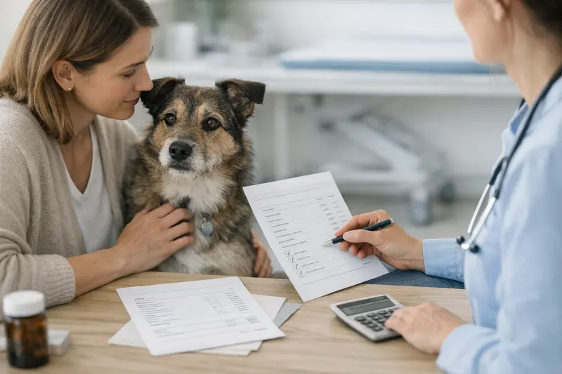 Tierarztpraxis-Situation mit einem Hund und einem Tierarzt, die eine Rechnung besprechen.