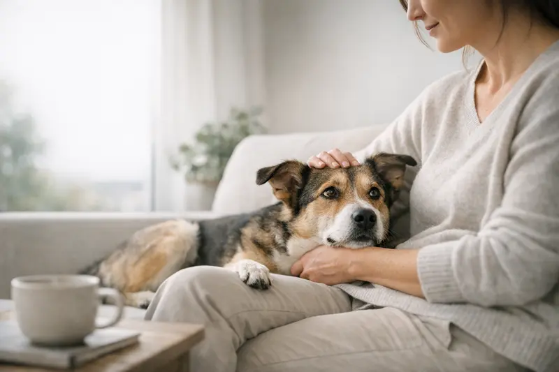 Ein moderner Hund spielt entspannt im Garten und symbolisiert das Wohlbefinden von Haustieren.