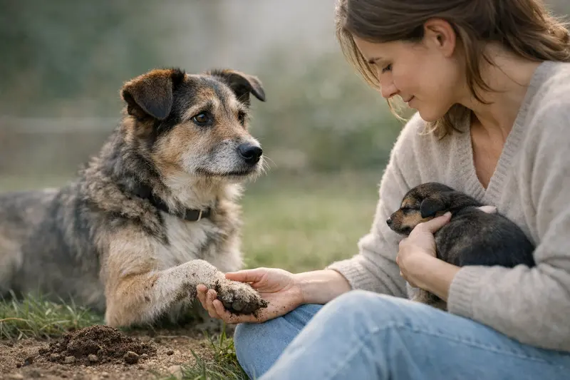 Infografik zu Lebenszyklus und Übertragungswegen von Parasiten bei Hunden, einschließlich Kot, Erde, Fell und Muttertier.
