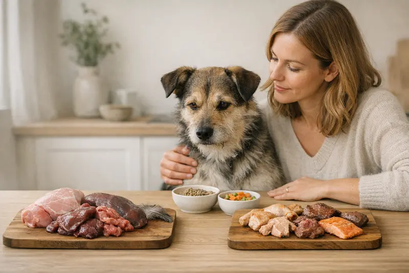 Infografik zur tiergerechten Ernährung mit Roh- und Garalternativen für Hunde und Katzen.