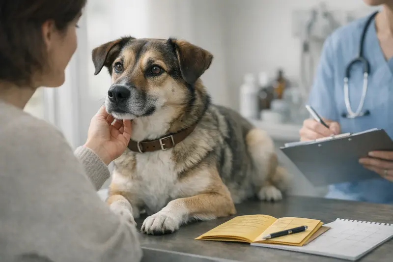 Ein Hund erhält einen Vorsorge-Check beim Tierarzt und hält seinen Impfpass im Blick.