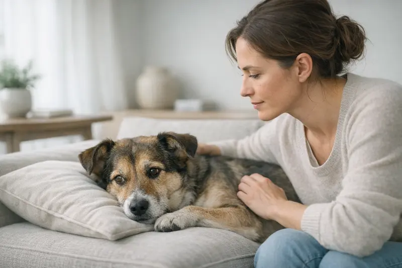 Ein aufmerksamer Hund sitzt in einem ruhigen Wohnzimmer und beobachtet seine Umgebung, was Fürsorge und Aufmerksamkeit für die Gesundheit symbolisiert.