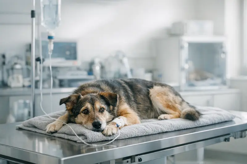 Ein Hund liegt entspannt in einer modernen Tierklinik und vermittelt einen Eindruck von Ruhe und Fürsorge.