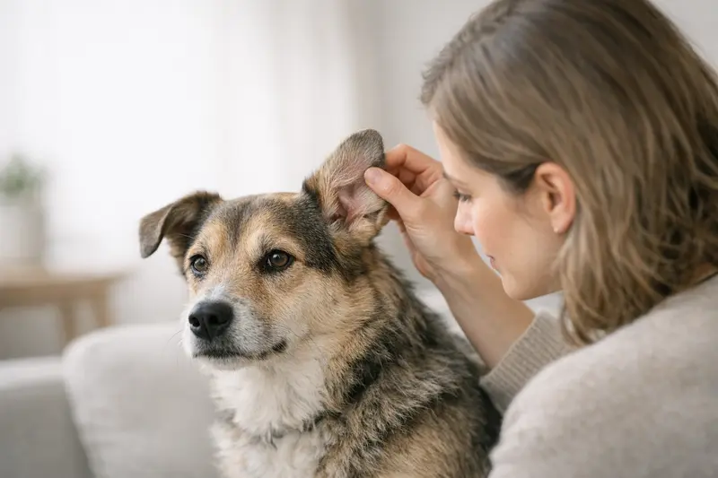 Das Ohr eines Hundes mit Fokus auf den äußeren Gehörgang zur Darstellung möglicher Probleme.