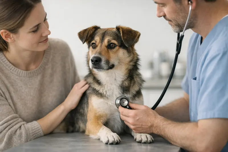 Ein junger Hund wird beim Tierarzt untersucht, um sicherzustellen, dass er gesund ist.