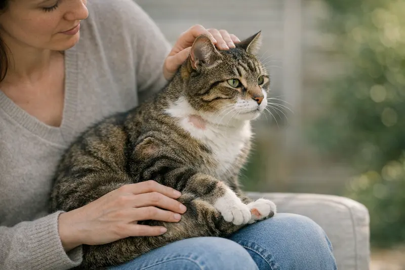Freigängerkatze untersucht ihre Umgebung, häufige Verletzungsstellen sichtbar.