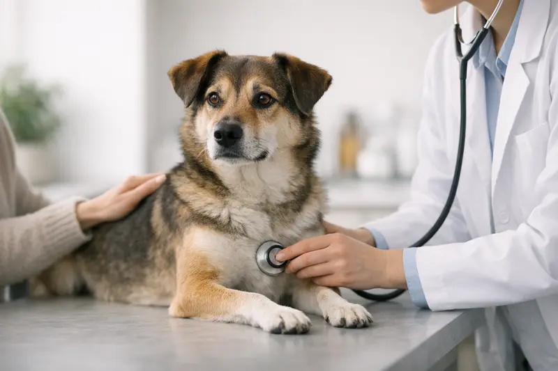 Ein Hund liegt entspannt auf dem Untersuchungstisch beim Tierarzt, was ein Gefühl von Sicherheit und Vertrauen vermittelt.